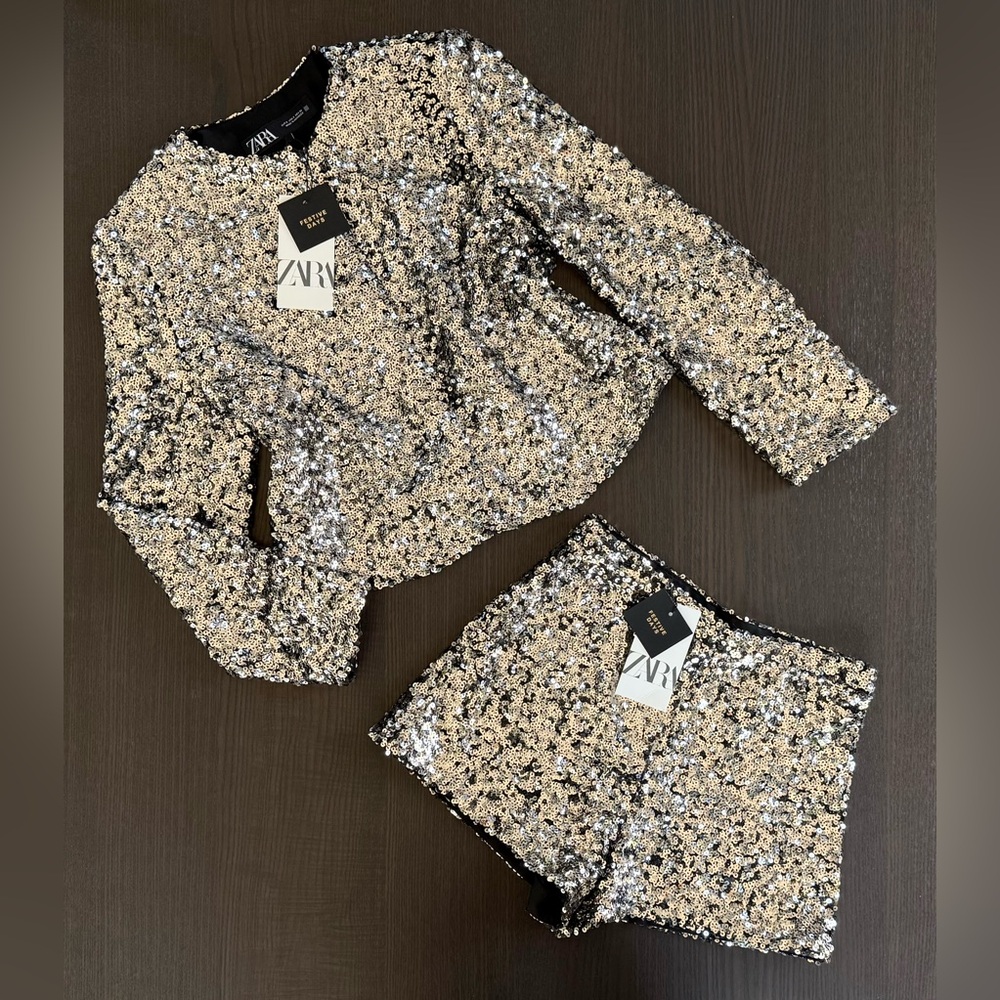 Zara Festive Sequin Jacket and Shorts in Silver and Black